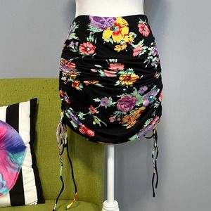 WAYF Black Floral Ruched Tie Sides Mini Skirt NEW Small